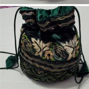Green/cream satin beaded knot bag